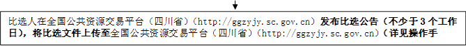 比選人在全國公共資源交易平臺（四川?。╤ttp://ggzyjy.sc.gov.cn）發(fā)布比選公告（不少于3個工作日），將比選文件上傳至全國公共資源交易平臺（四川省）（http://ggzyjy.sc.gov.cn）（詳見操作手冊）。

