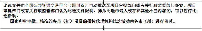 比選文件由全國公共資源交易平臺（四川?。┳詣油扑椭另椖繉徟块T或有關(guān)行政監(jiān)督部門備案。項目審批部門或有關(guān)行政監(jiān)督部門認為比選文件限制、排斥比選申請人或存在其他不當內(nèi)容的，可以暫停比選活動。
   國家和省審批、核準的各市（州）項目的招標代理機構(gòu)比選活動由各市（州）進行監(jiān)督。


